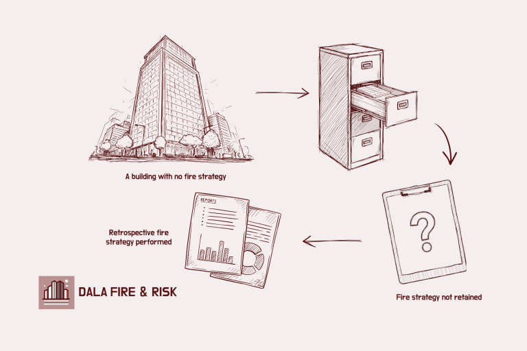 Illustrated diagram showing the fire strategy gap: a building with no fire strategy, an empty filing cabinet representing lost documentation, a question mark on a clipboard showing the fire strategy not retained, leading to a retrospective fire strategy report produced by DALA Fire & Risk.