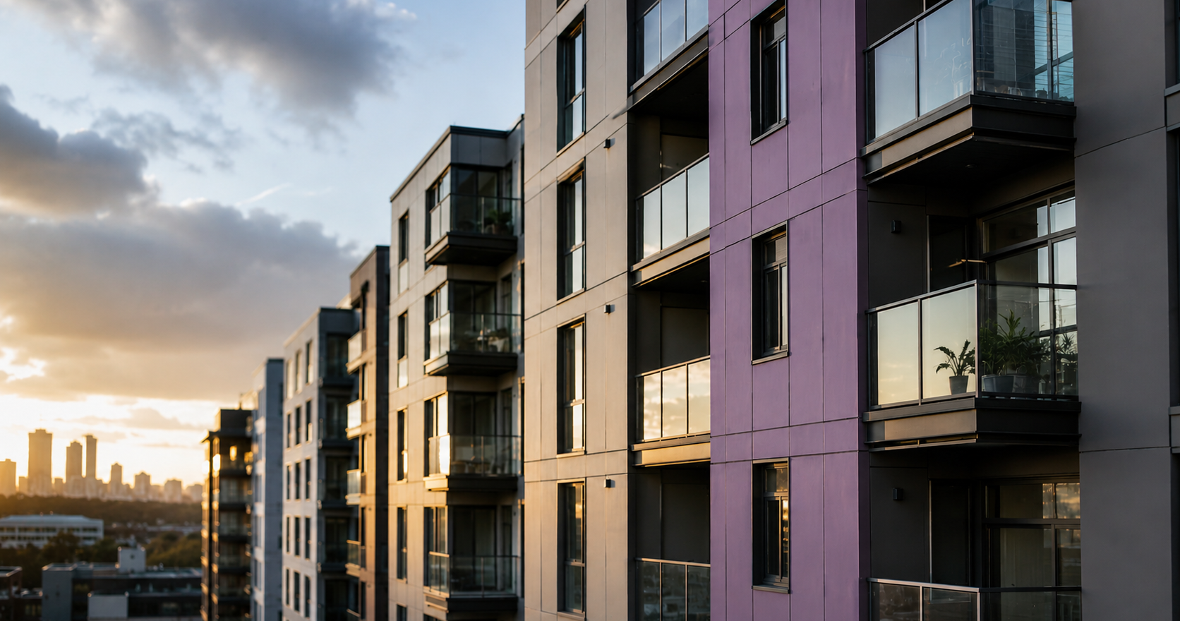 Residential apartment buildings with external cladding photographed at sunset, used to suggest the need for cladding remediation on high-rise buildings across the UK.