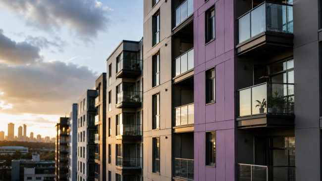 Residential apartment buildings with external cladding photographed at sunset, used to suggest the need for cladding remediation on high-rise buildings across the UK.