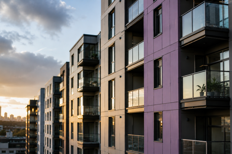 Residential apartment buildings with external cladding photographed at sunset, used to suggest the need for cladding remediation on high-rise buildings across the UK.